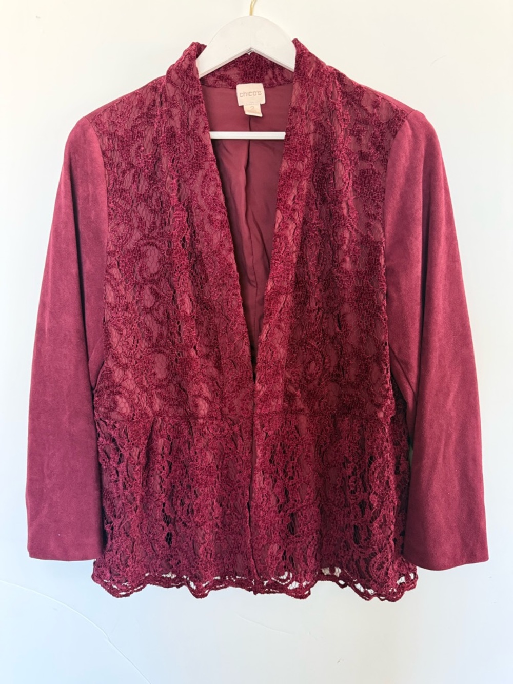 Chicos Maroon Lace Front Faux Suede & Lace Peplum Blazer SZ 2 (Large)
